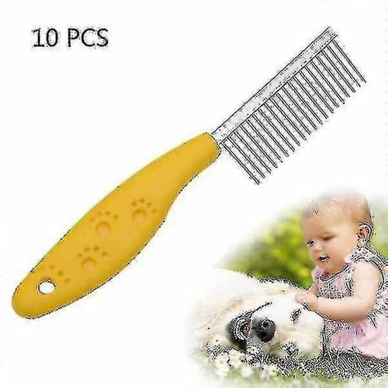 10 Pcs Stainless Steel Pet Anti-slip Handle Grooming Comb(yellow)
