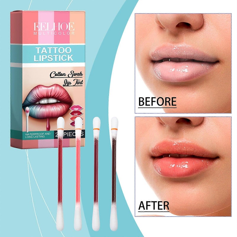 Cotton Swab Tattoo Lipstick, Tattoo Lipstick Cotton Swab Lip Tint, Waterproof and Long Lasting Liquid Non-Stick Portable Lip Gloss