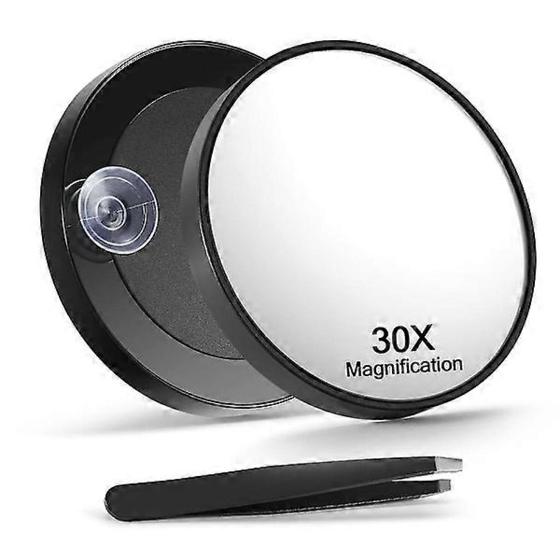 30x Magnifying Mirror with Tweezers – Enlarged Makeup Mirror with 2 Suction Cups for Care and Travel