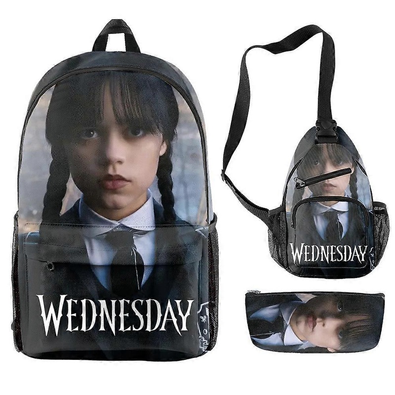 Wednesday “The Addams Family” Primary And Secondary School Students Large Capacity Printed School Bag Shoulder Bag Three-Piece Set 13 -SJKDXV