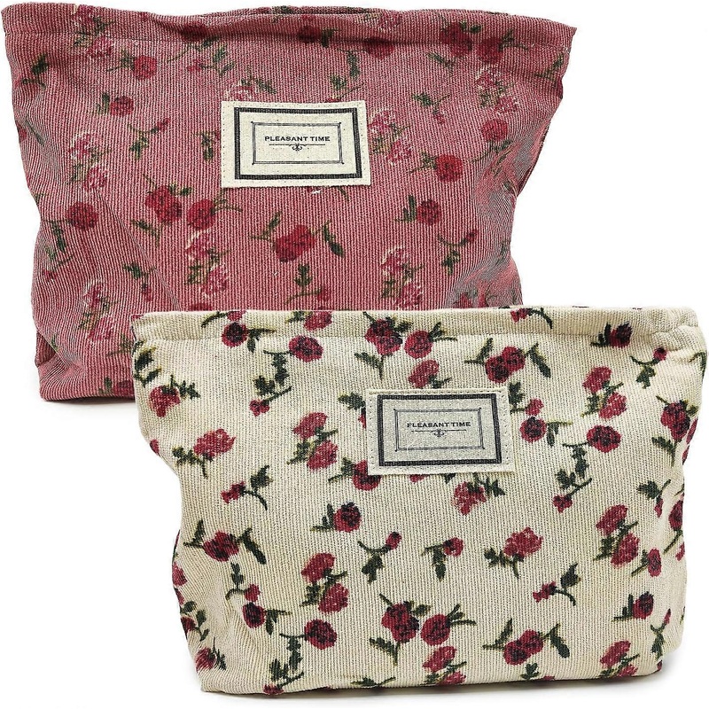 2 Pack Canvas Cosmetic Bag, Floral Makeup Bag, Rose Flower Printing Corduroy Toiletry Bag, Portable Cosmetic Bag, Toiletry Organizer Storage