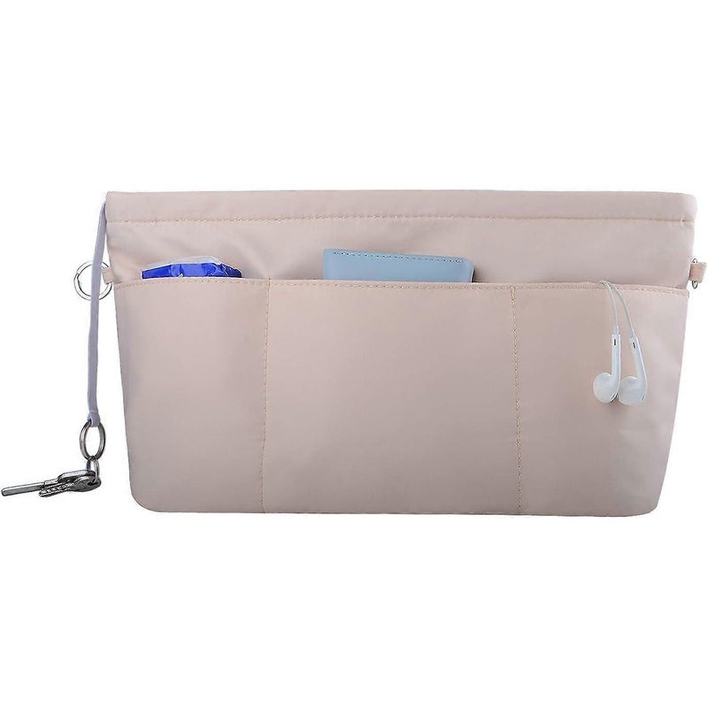 Women’s Handbag Organizer Multi-Pockets Nylon Interior Storage Bag Organizer Pouch Bag-Beige