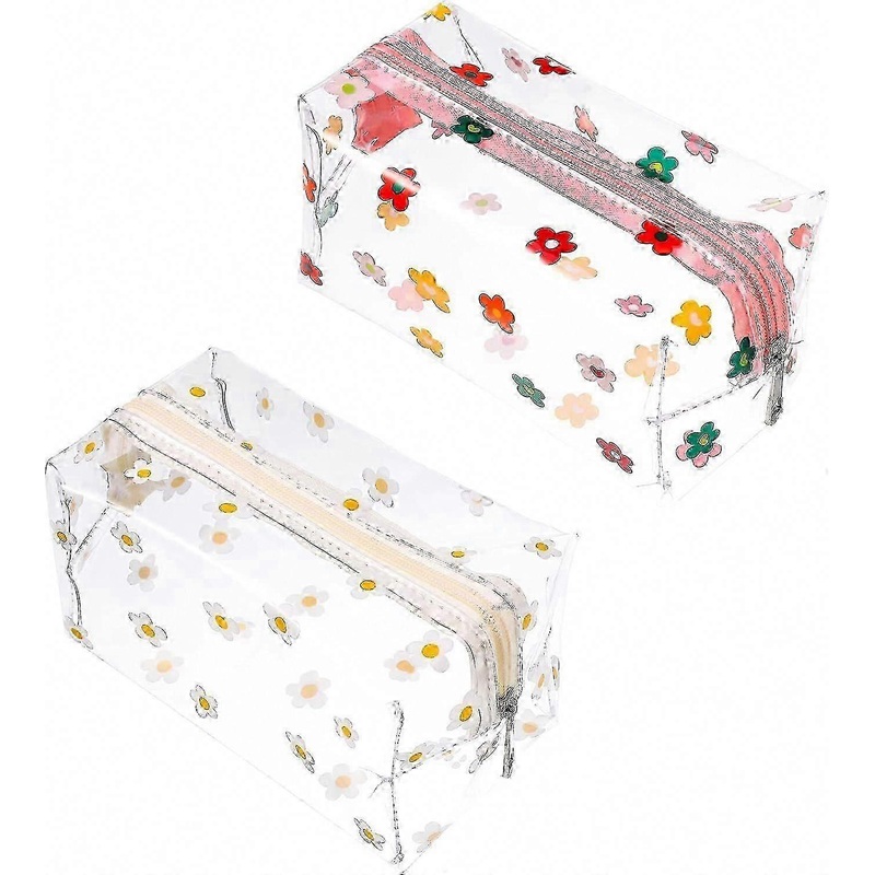 2 Pcs Clear Pencil Case Large Pen Bag, Transparent Daisy Pattern Cosmetic Makeup Pouch