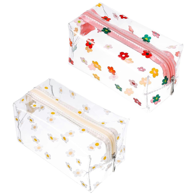2 pcs Clear Pencil Case Large Pencil Bag Stationery Bag Cosmetic Makeup Bag, Transparent Hyuna Daisy Floret Pattern Bag, PVC Clear Cosmetic Bag