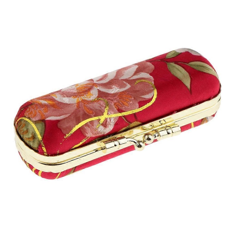 2 Pieces Embroidered Brocade Lipstick Case Holder With Mirror,Chinese