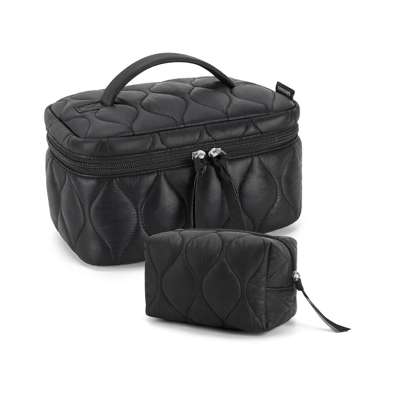 2 Piece Quilted Makeup Bag for Travel, Waterproof Cosmetic Organizer, Lightweight Pouch Set, Easy-Clean Fabric, Black