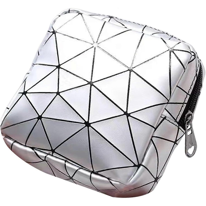 ZENGO Women Sanitary Napkin Storage Bag, Geometric Print Waterproof Portable Earphone Keys Tampon Cosmetic Stoarge Bag Coin Purse white