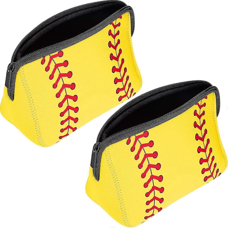 2 Pack Baseball Printing Makeup Bag Softball Travel Cosmetic Bag Pouch Waterproof Neoprene Pouch With Zipper For Women Girls Travel Teamates (yellow)