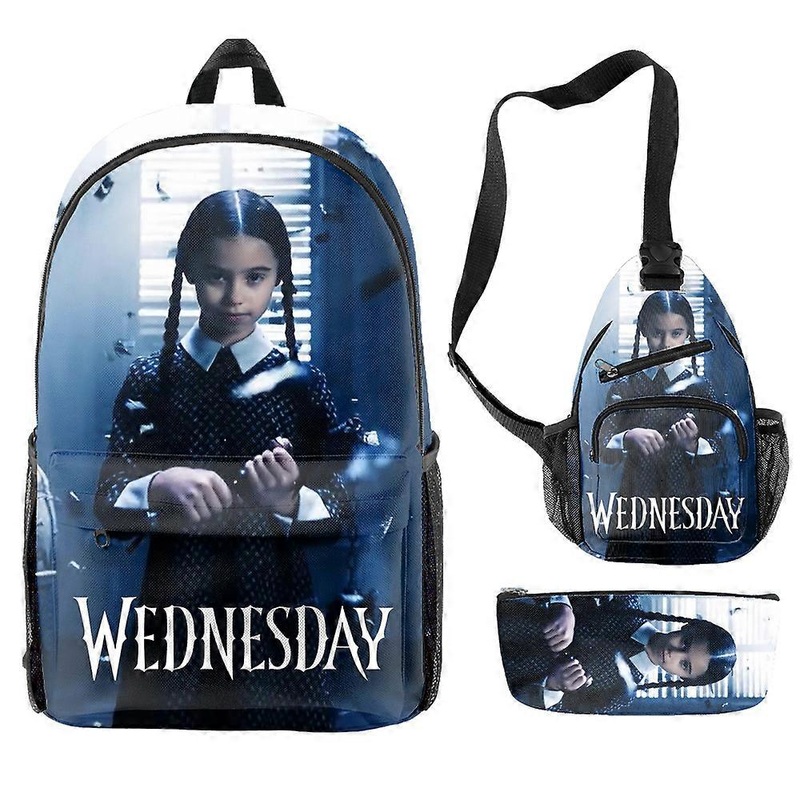 Wednesday “The Addams Family” Primary And Secondary School Students Large Capacity Printed School Bag Shoulder Bag Three-Piece Set 3 -SJKDXV