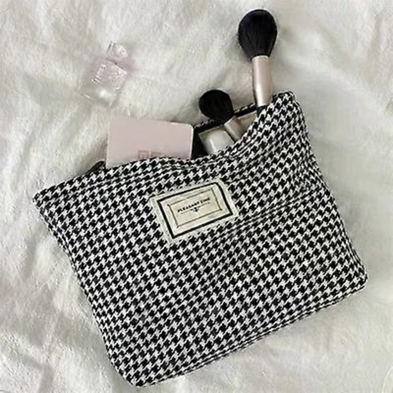 Women Lattice Cosmetic Bag Houndstooth Large Solid Black Makeup Bag Travel Beauty Case Storage Organizer Clutch Toiletry Bag