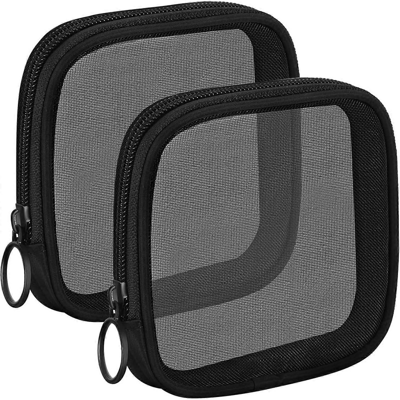 2 Pcs Mini Mesh Makeup Bag Small Make Up Bag Travel Pouch with Zipper Portable Toiletry Bag Accessories Organizer (Black)