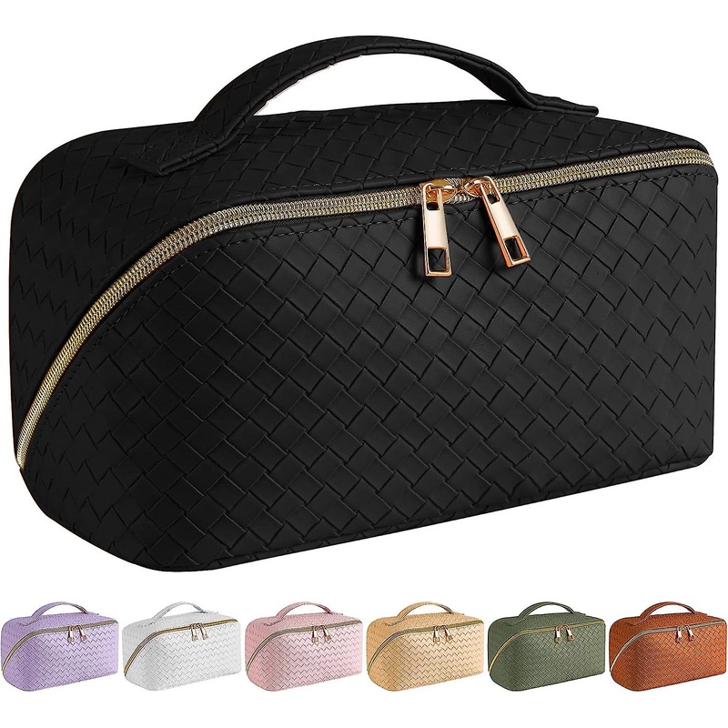 ZENGO Large Capacity Travel Cosmetic Bag   Makeup Bag, Divider Flat Lay Makeup Bag (Black)