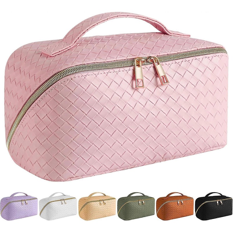 ZENGO Makeup Bag, PU Leather Waterproof Cosmetic Bag, Travel Makeup Bag With Handle (Pink)
