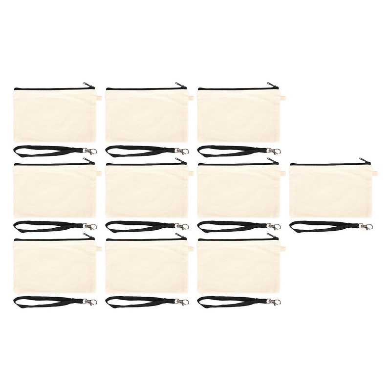 10PCS Canvas Cosmetic Bag with Black Lanyard Portable Multipurpose Blank DIY Craft Bag for Travel Makeup Bag White