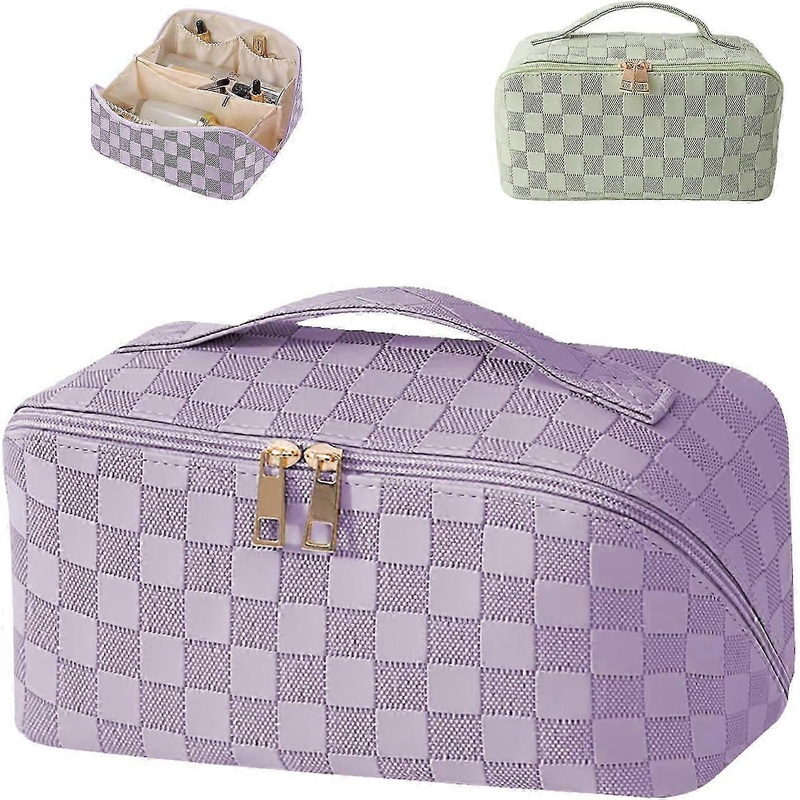 Waterproof PU Leather Makeup Bag with Handle and Dividers Portable Travel Case Large Cosmetic Bag Purple