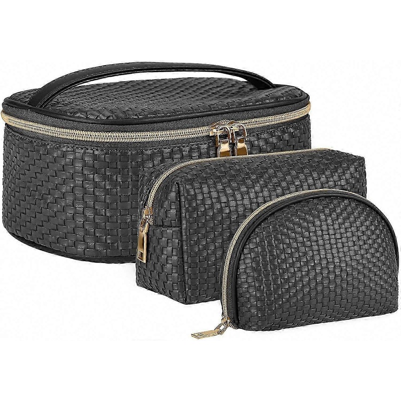 Waterproof PU Makeup Bag for Women, Large Capacity Travel Toiletry Bag Set, 3-Piece Black