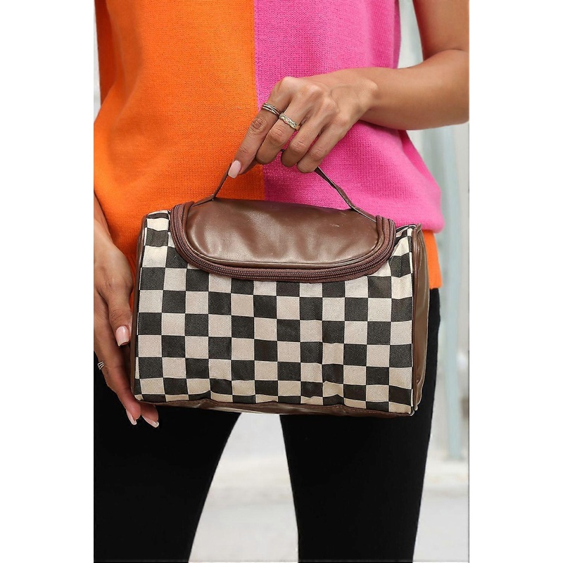 Women’s Black Checkered PU Leather Zipper Makeup Bag