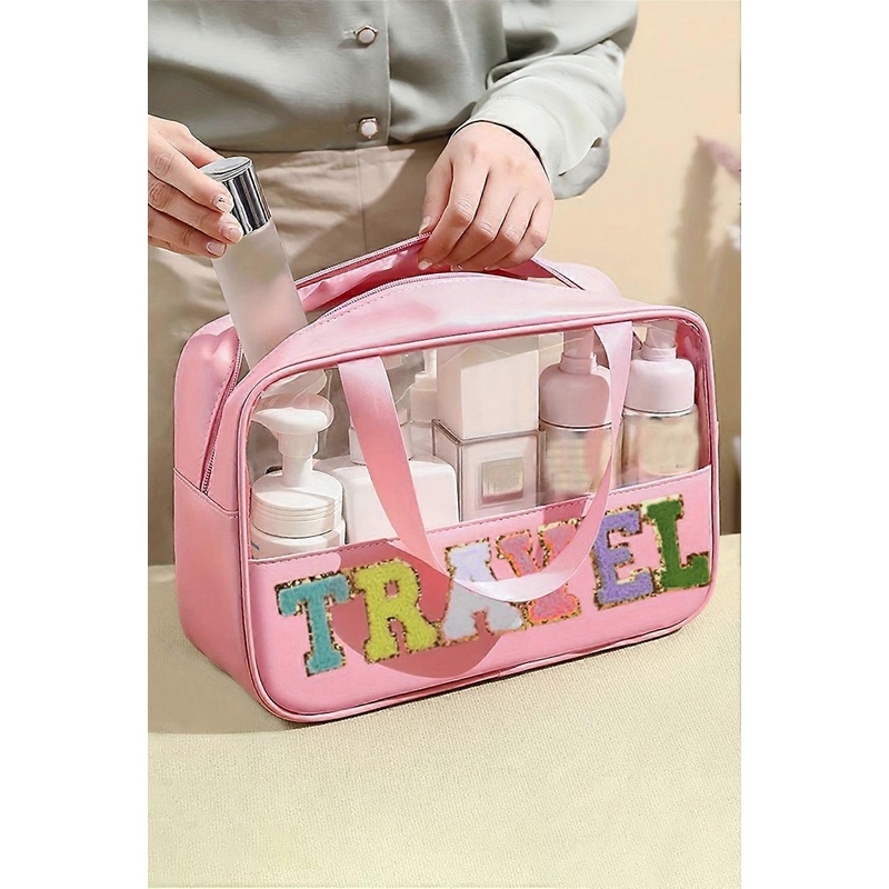 Women’s Light Pink TRAVEL Chenille Letter Clear PVC Makeup Bag