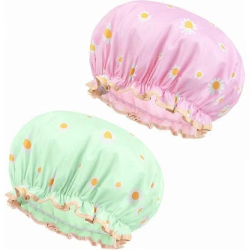 Waterproof Shower Cap, 2 Reusable Elastic Waterproof Room Double Layer Bath Cap, for Women Shower
