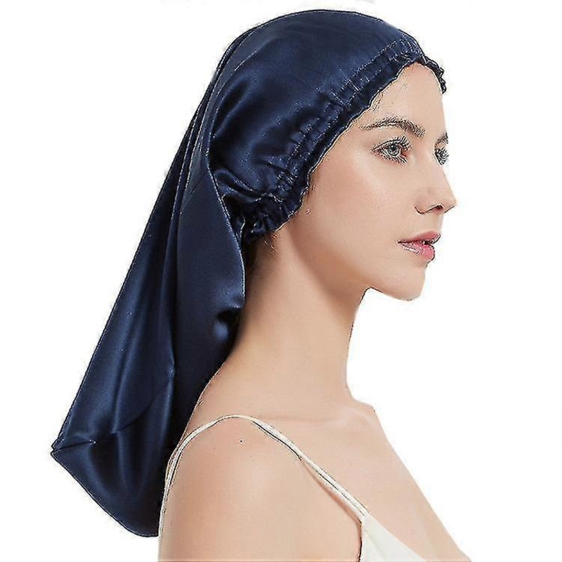 100% Mulberry Silk Night Cap For Long Hair,long Silk Bonnet Sleep Cap  (navy Blue)
