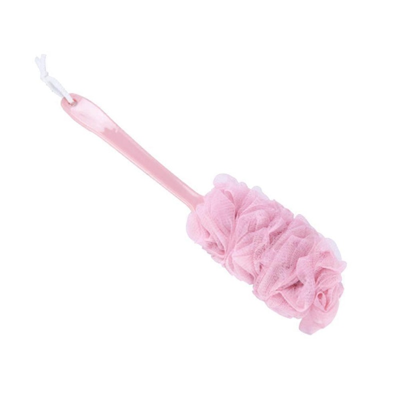 Pink Bath Scrubber for Exfoliating with 2Pcs Long Handle Shower Brush