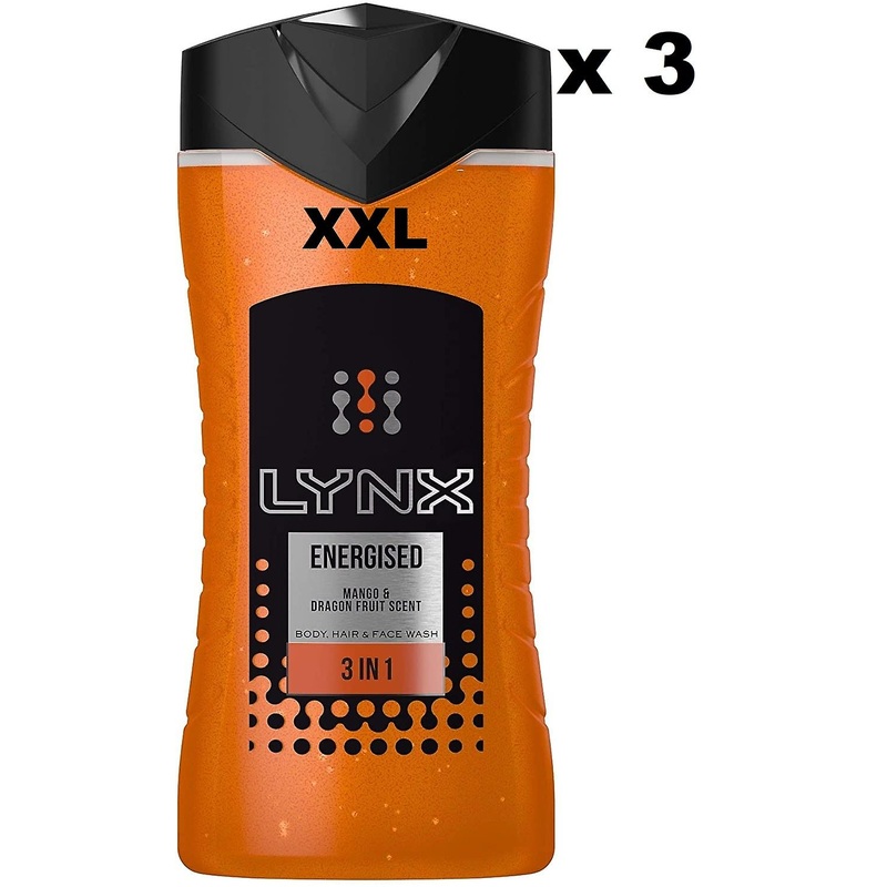3 x 500ml Lynx XXL 3 in 1 Bodywash/Shower Gel – Energised
