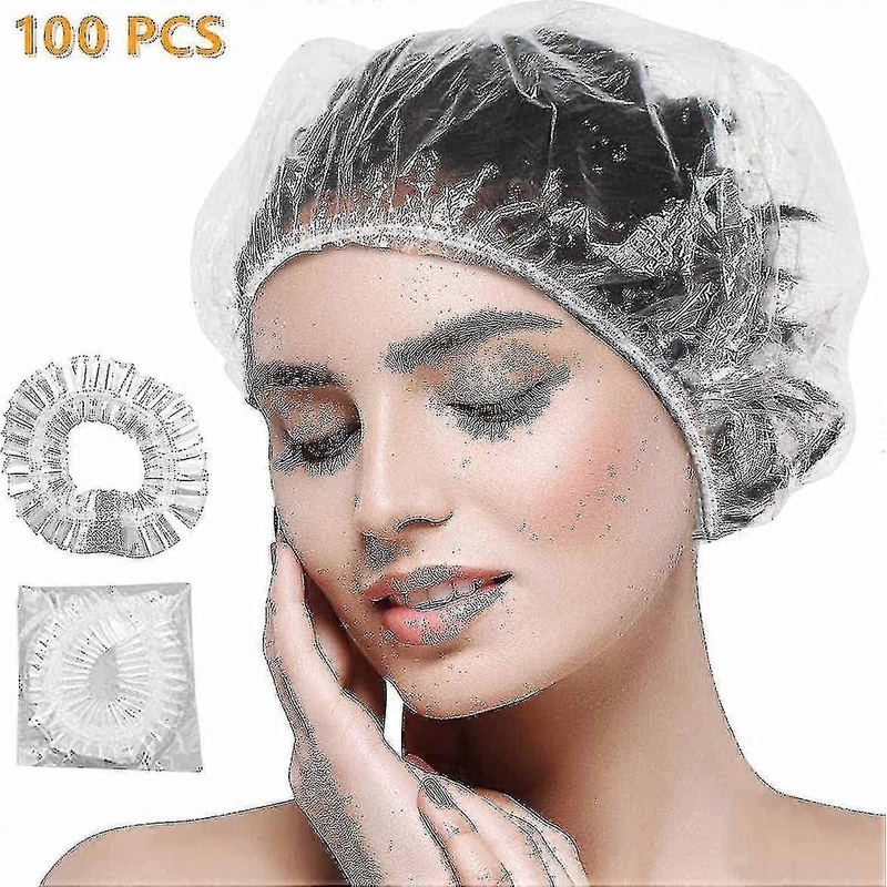100pcs Disposable Shower Caps Clear Plastic Elastic Bath Cap Waterproof Hair Caps  -z