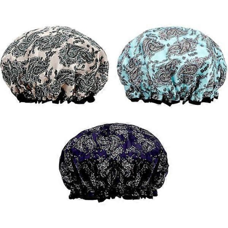 (Multicolor) 3-pack Double Layered Shower Cap Waterproof Elastic Bath Cap for Women