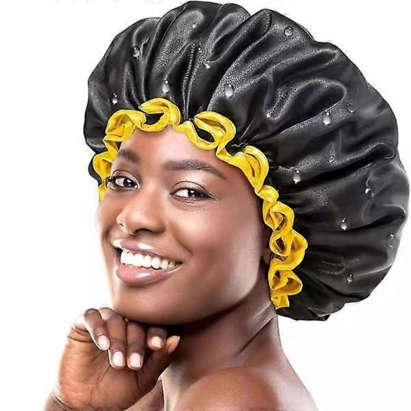 (Size M) 1 pc black with yellow edge, long hair shower cap, reusable waterproof shoe