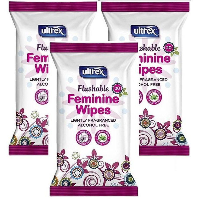3 x Ultrex Flushable Alcohol Free Intimate Feminine Wipes 20pk