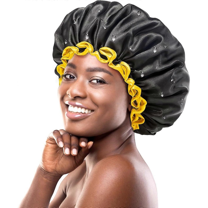 1 Pack Shower Caps for WomenBlack Yellow, Reusable, Double Layer, Waterproof, with Soft and Comfortable PEVA Lining, No Fade