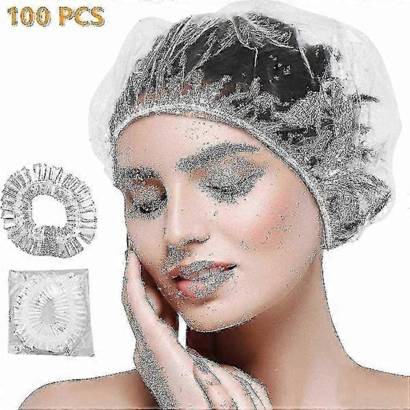 100 Pcs Disposable Shower Caps Clear Plastic Elastic Shower Caps