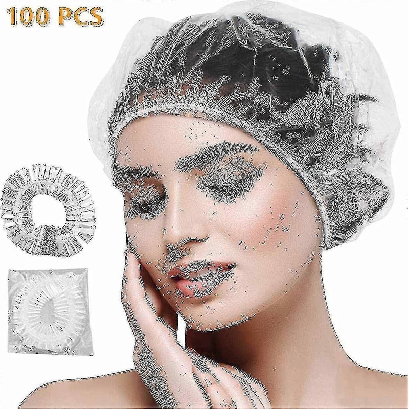 100pcs Disposable Shower Caps Clear Plastic Elastic Bath Cap Waterproof Hair Caps -aya