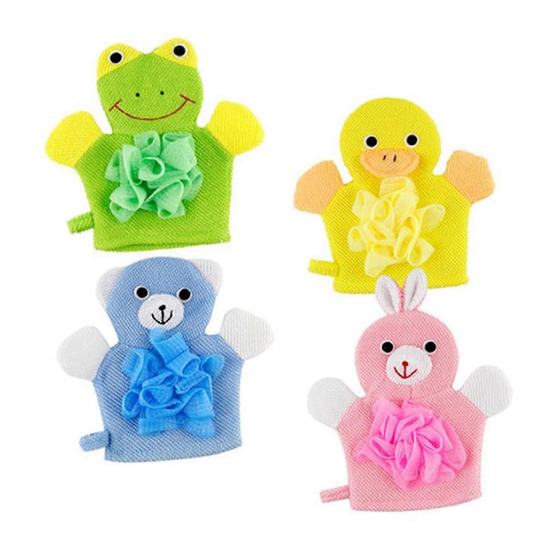 Pack of 4 Children’s Bath Towels with Exfoliating Shower Gloves, Soft Sponge Material, Cartoon Design, 30x30cm