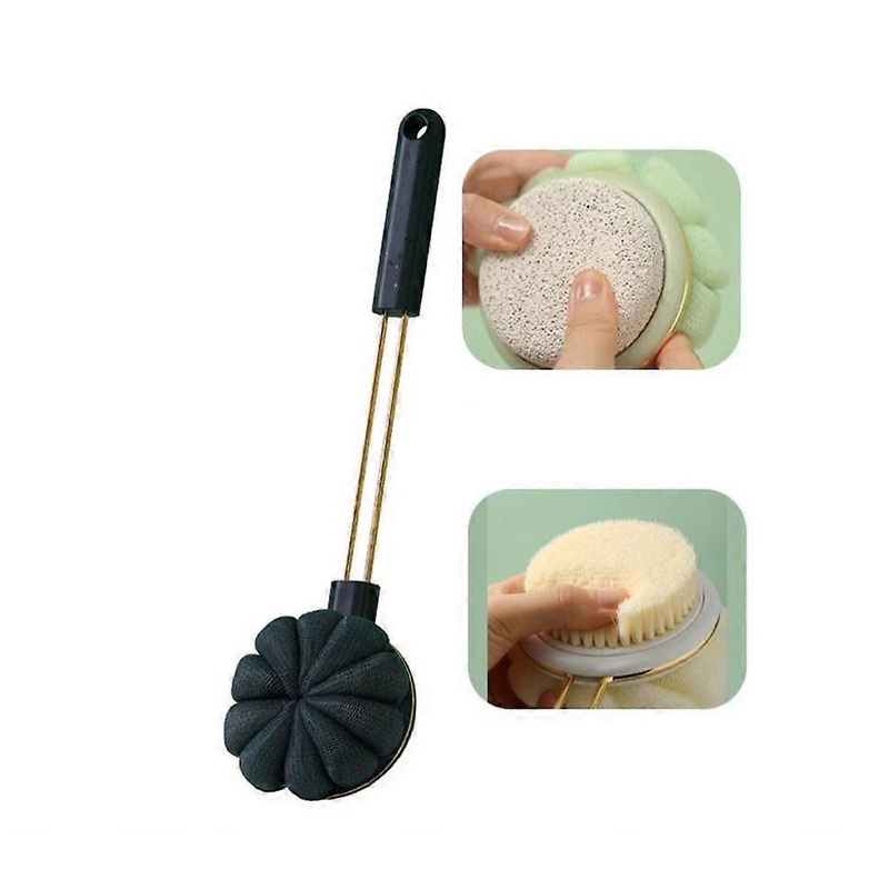 (Black)Back Shower Brush Long Handle Sponge Shower Flower Pumice Foot 3 in 1 Bath Accessories