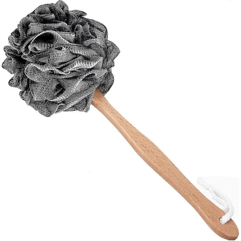 Shower Sponge Loofah Back Scrubber,Loofah on a Stick,PE Soft Mesh Loofah Body Scrubber with Wooden Handle,Bath Sponge for Women Kids (Black)
