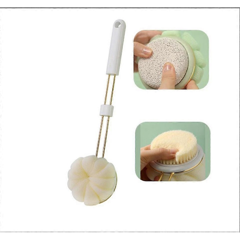 (White)Back Shower Brush Long Handle Sponge Shower Flower Pumice Foot 3 in 1 Bath Accessories