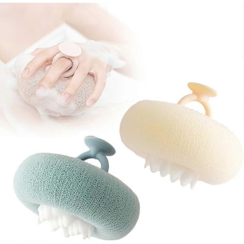 2 in 1 Super Soft Bath Ball with Suction Cup, 2024 Sunflowers, Cleaning Sponge, Body Scrubber, Bath Sponge, Mesh Sponge (Beige + Blue) Beige + Blue