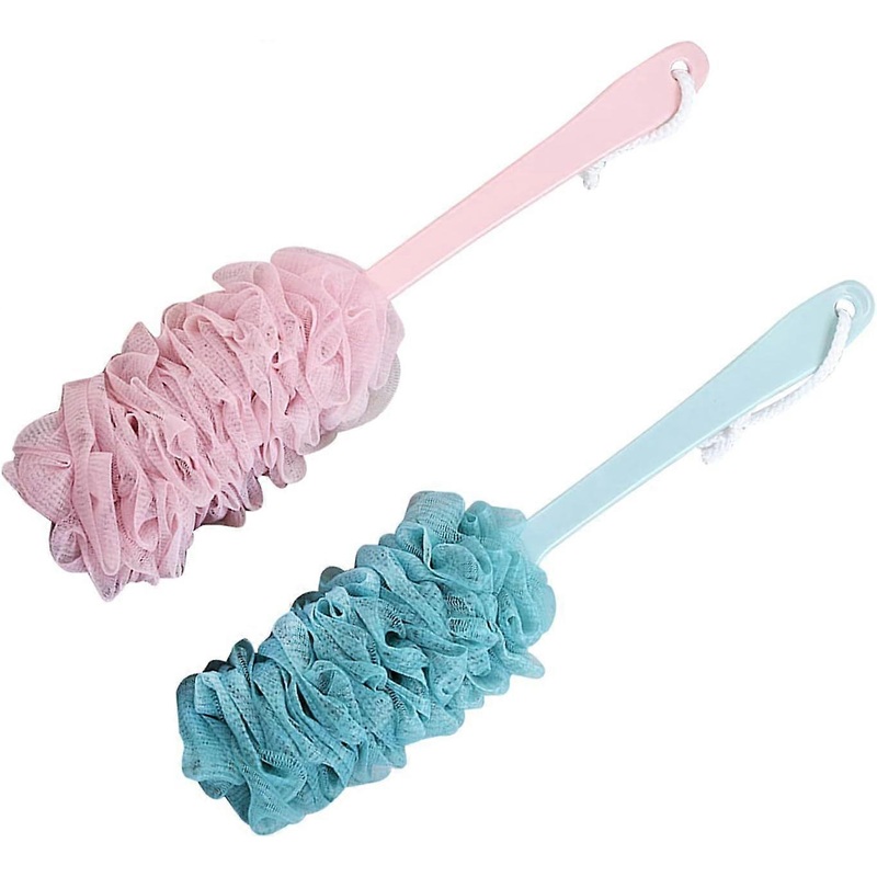 2 Pack Loofah Bath Brush with Long Handle Bath Shower Back Scrubber Body Brush for Men and Women Pink and Blue