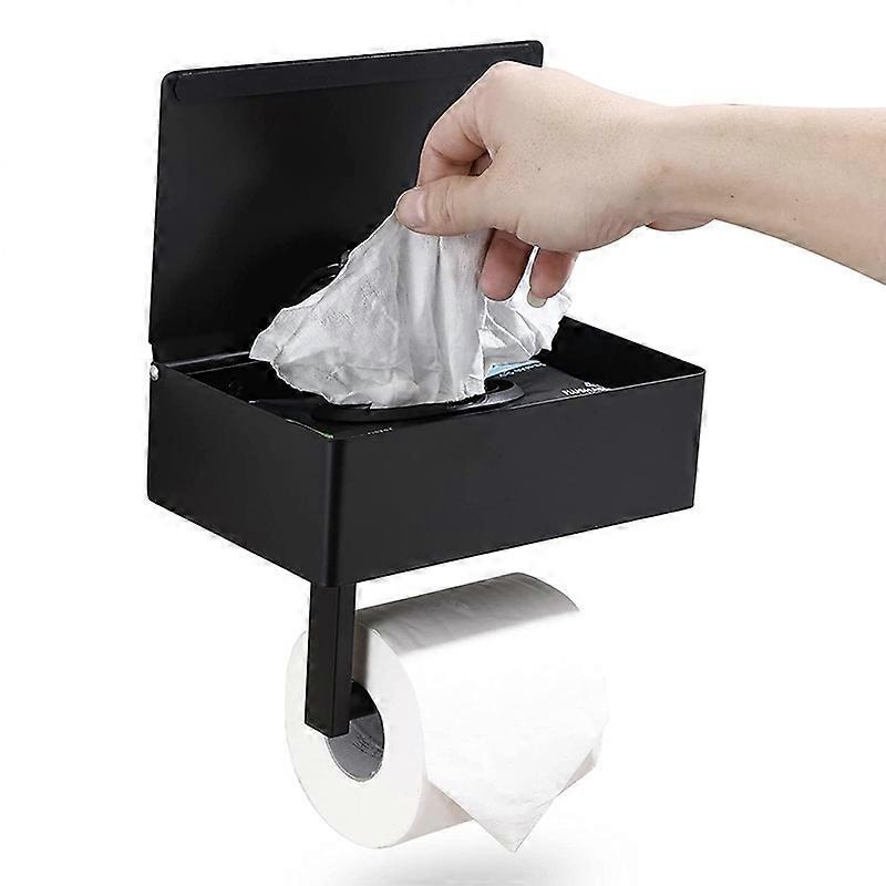 1 PC  Toilet Paper Holder with Storage, Wall Mount Black Flushable Wipes Dispenser, Shelf for Bathroom Washroom – Hide Wet Wipes – Stainless Steel