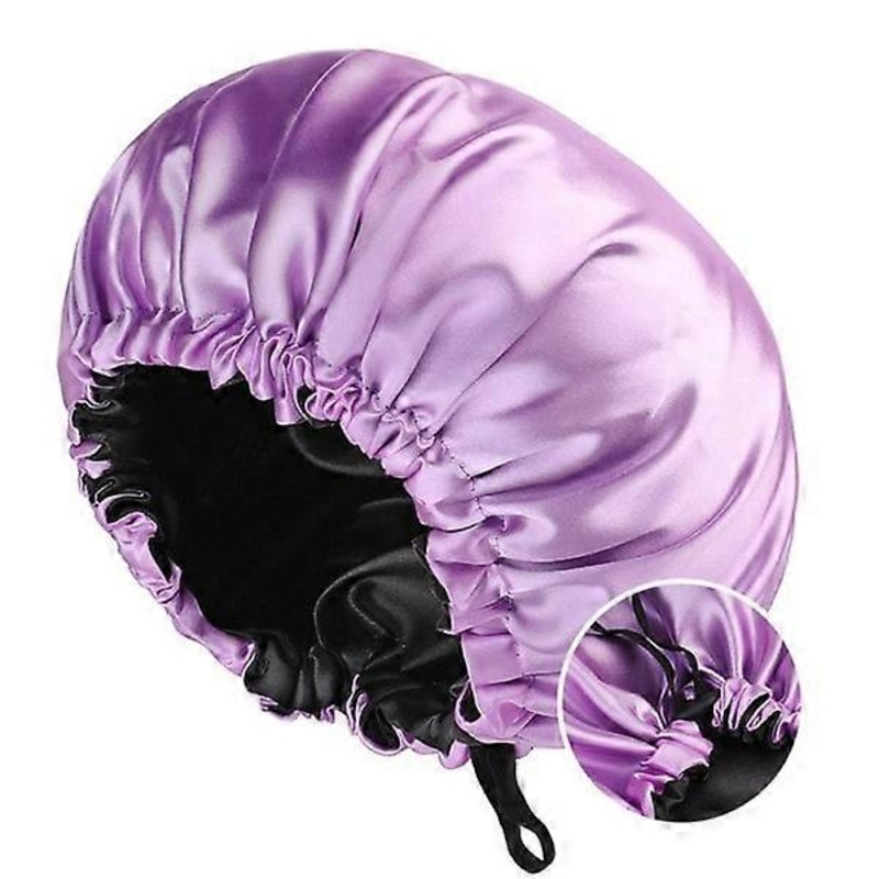 Women’s Hat Double Layer Satin Sleep Cap Beauty Salon Adjustable Button Hat Light Purple + Black