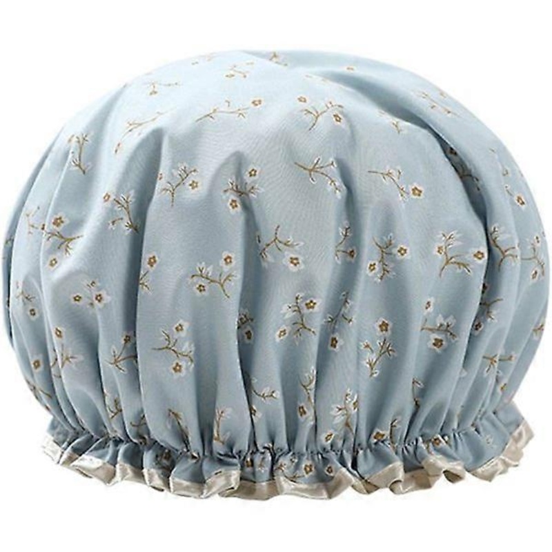Women’s shower cap double layered waterproof elastic shower cap with floral pattern for women shower spa salon (Blue).