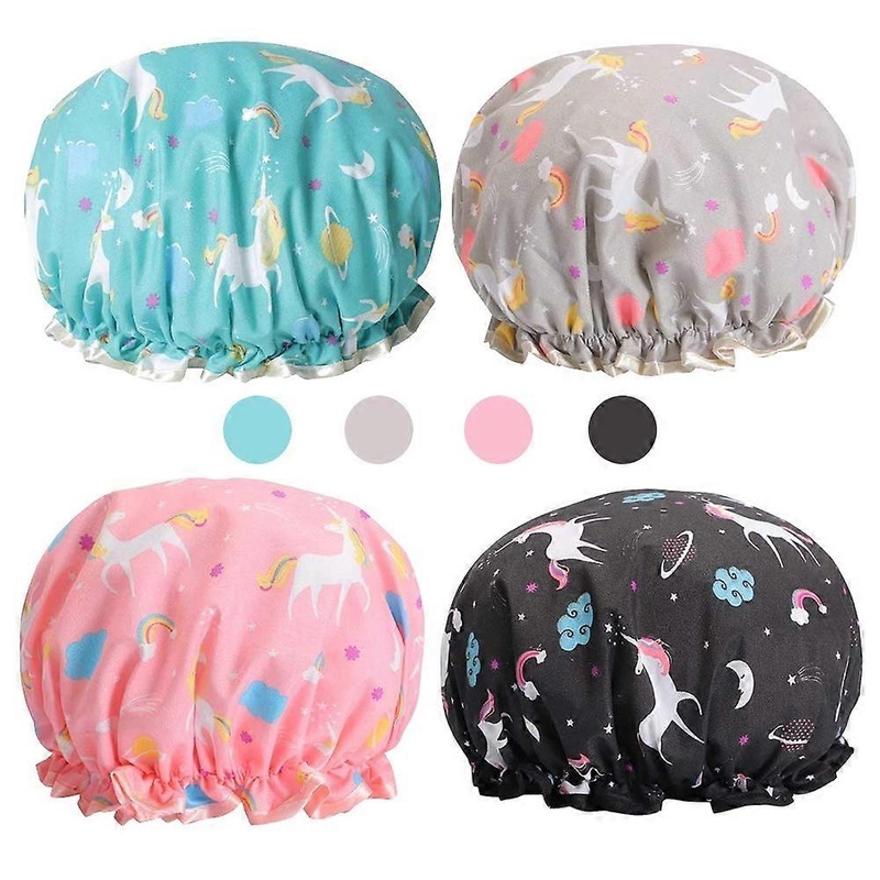 Women’s Shower Cap, Pack of 4, Waterproof Double Layer Shower Cap, Elastic Bath Cap, Reusable Swimming Cap, Large Shower Caps, Shower Caps for Girls,