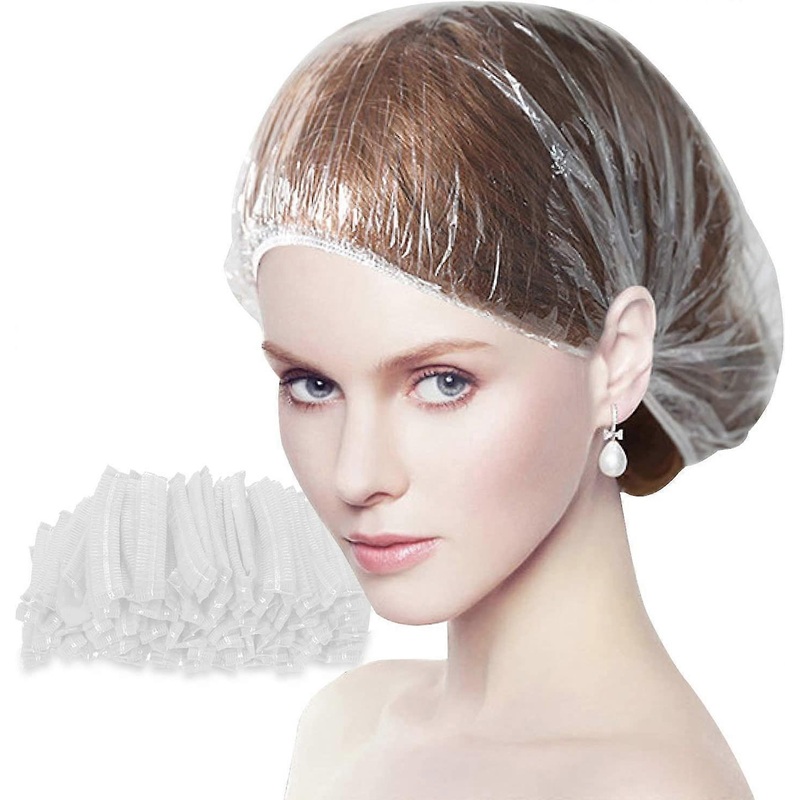 100 Pieces (White) Disposable Clear Plastic Shower Cap for Home, Hotel, Spa, Hair Salon and Workshop Use