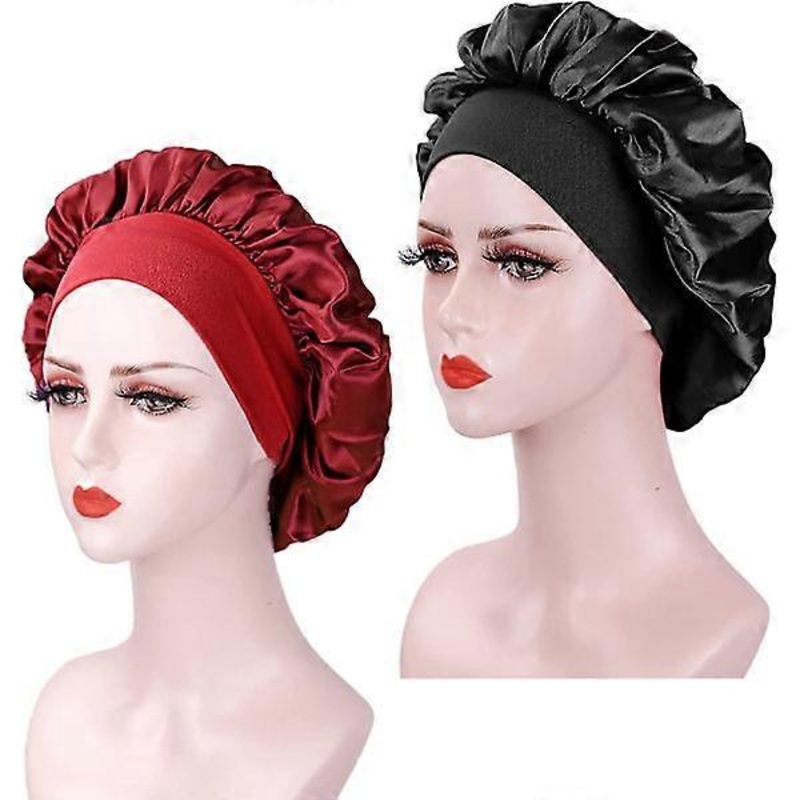 (Black+Wine Red) 2 Pieces Silk Hair Cap for Night, Satin Cap for Women, Soft Elastic Satin Cap, Silk Night Cap