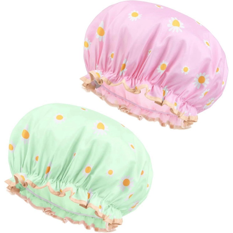 (2 Colors) Waterproof Shower Cap, 2 Pieces Waterproof Elastic Reusable Double Layer Bathing Cap, for Women Girls Shower Spa Salon