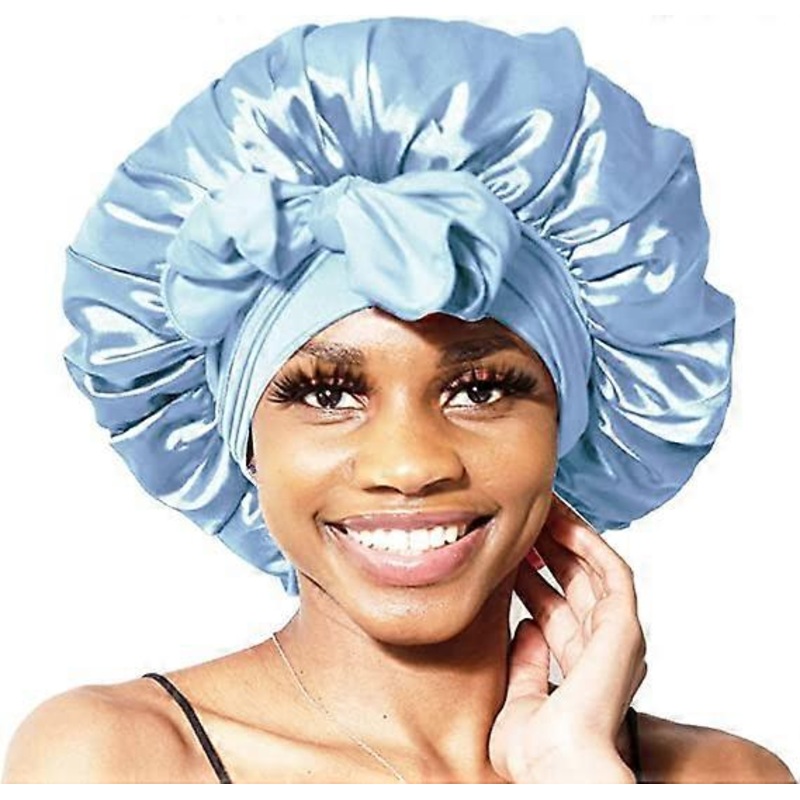 Wide Queen Jumbo Satin Bonnet ,Silk Sleeping Cap Stretch Yarn Bonnet for Women Long Hair Frize Meches-Blue