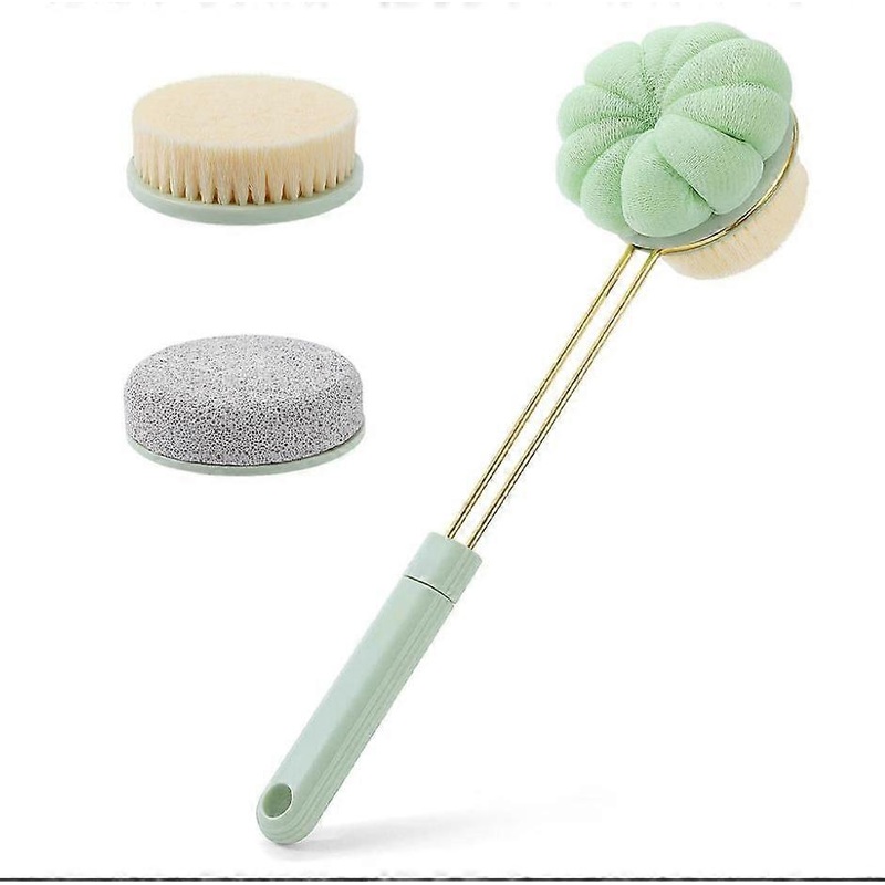 (Light Green)Back Shower Brush Long Handle Sponge Shower Flower Pumice Foot 3 in 1 Bath Accessories