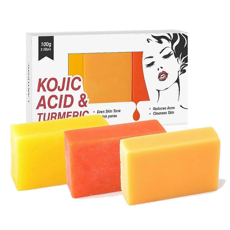Turmeric Kojic Acid Soap for Face and Body, with Tea Tree Oil, Kojic Acid Lightening Soaps for Dark Spots, Acne and Blackheads, 100 g x 3 Bars