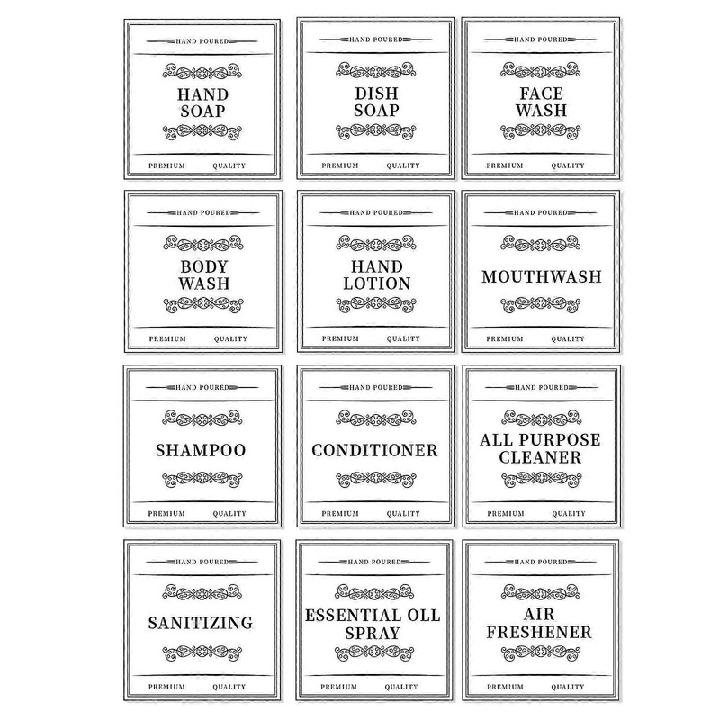 12Pcs Waterproof Bathroom Adhesive Label Sticker Set for Hand Soap Dish Soap Shampoo Conditioner Body Wash Bottles  White